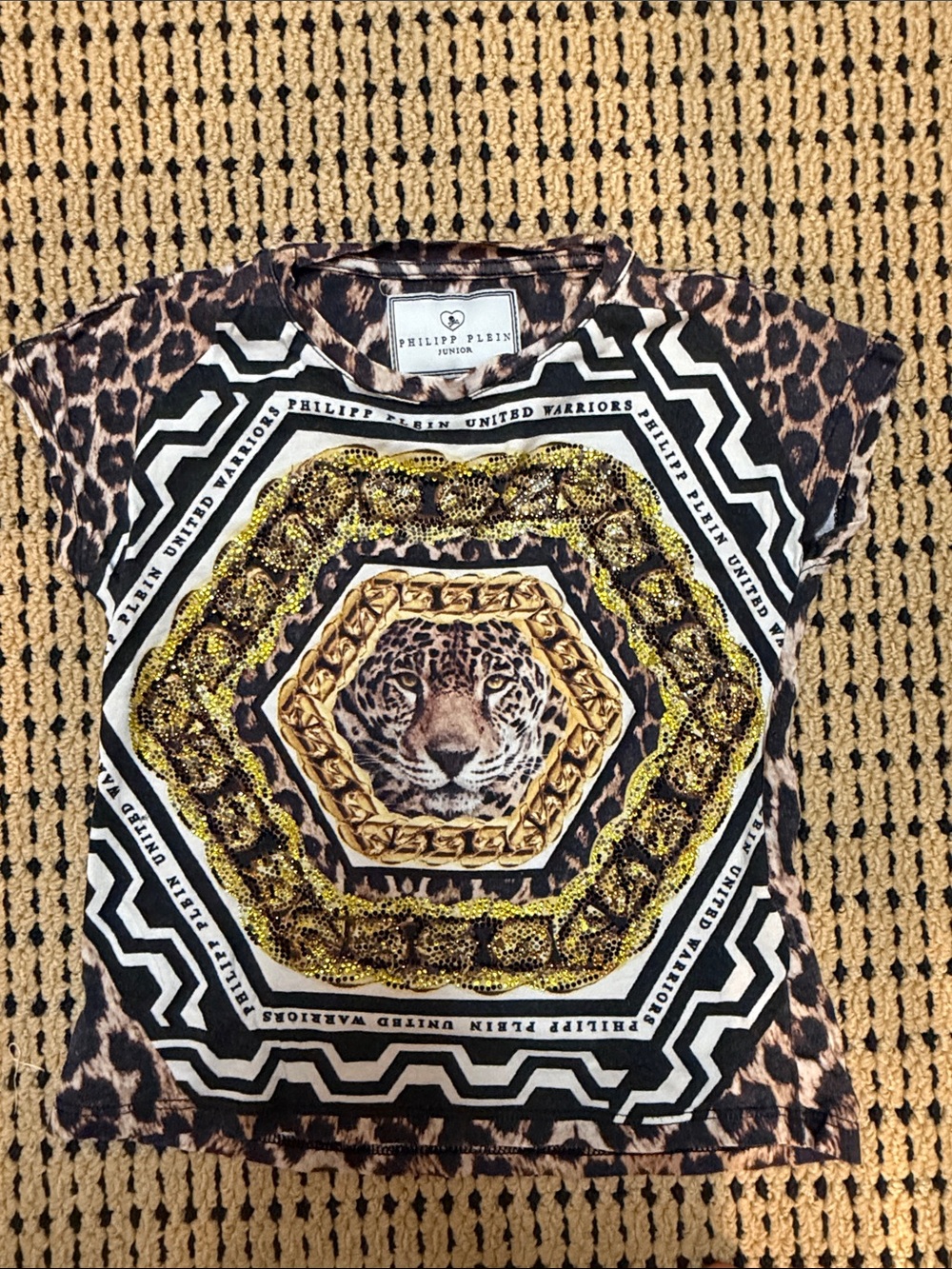 Philipp Plein size 4-5 tshirt girls Brown & Gold Leopard Medallion Tee